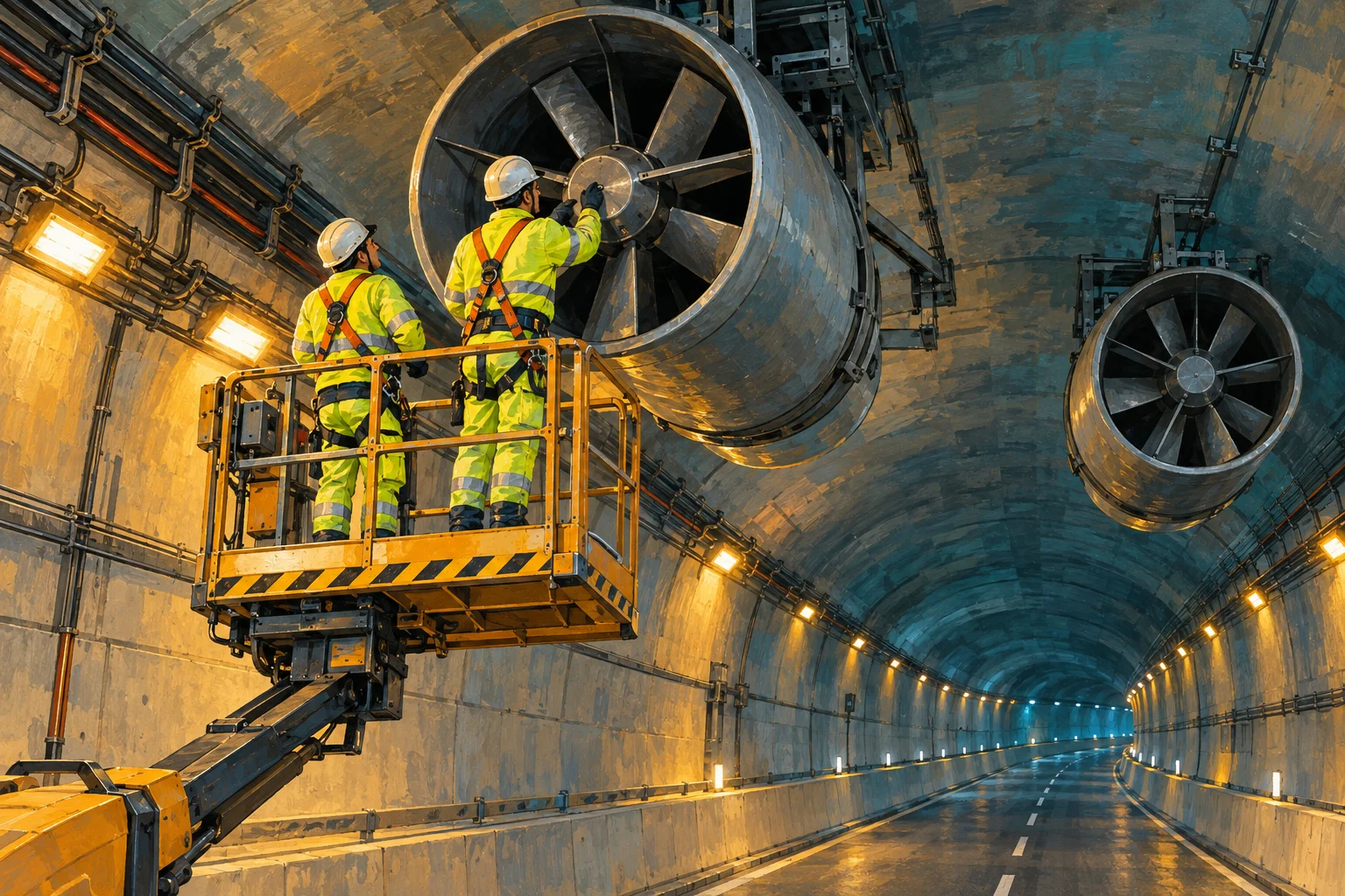 Gemalte Symbolszene einer Wartung an einem großen Tunnelventilator
