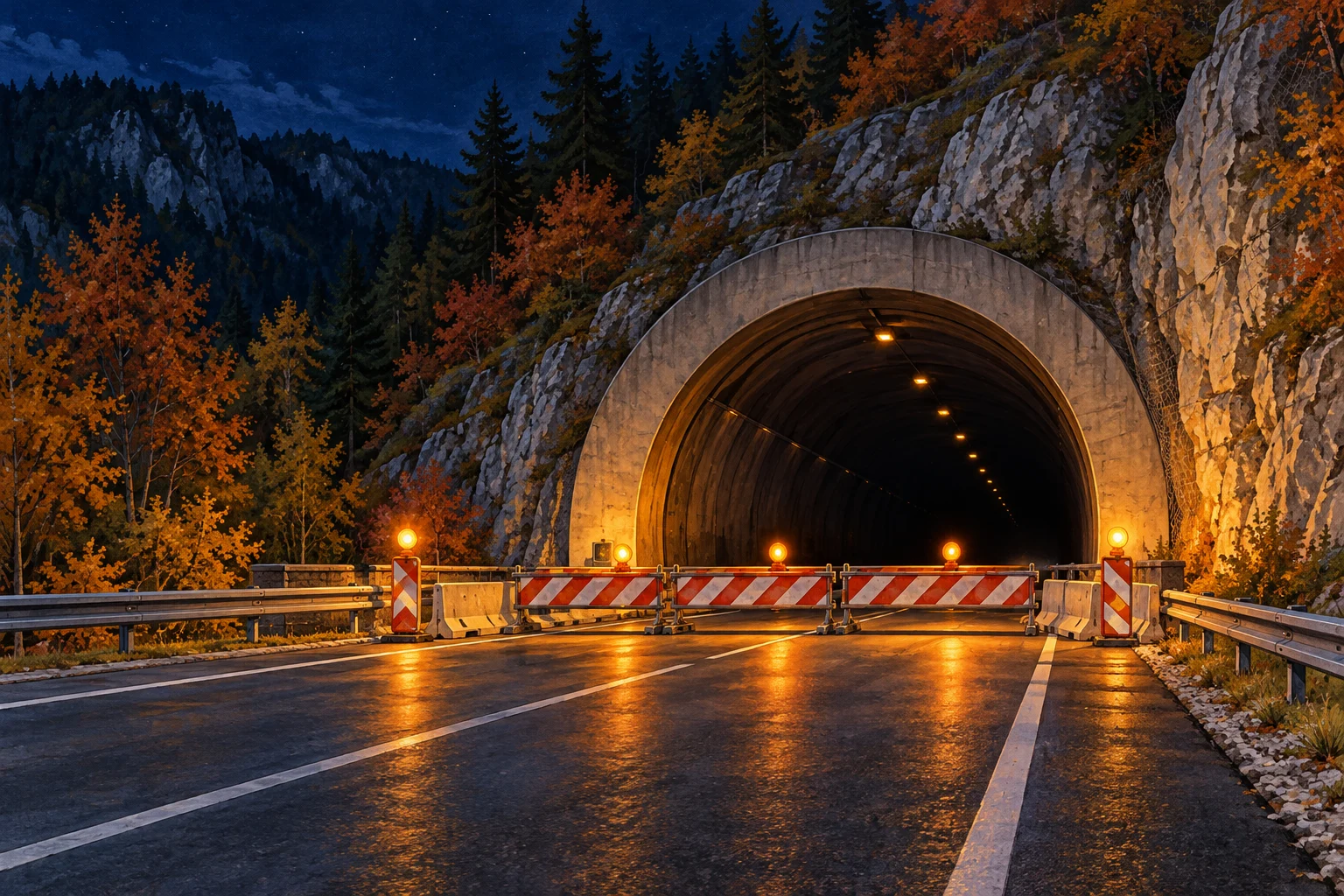 Gemalte Symbolansicht einer nachts abgesperrten Tunnelzufahrt im bewaldeten Bergland