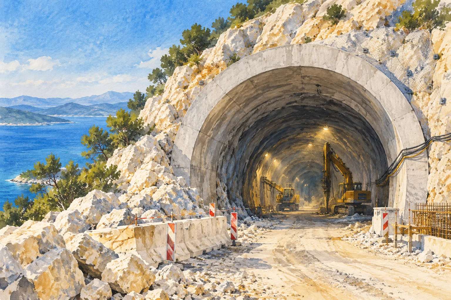 Gemalte Symbolansicht eines Straßentunnels im Bau in einem Kalksteinhang