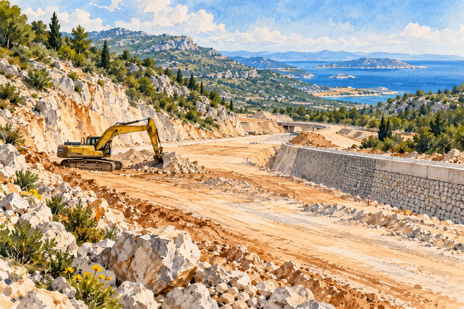 Gemalte Symbolszene einer Straßenbaustelle in kroatischer Karstlandschaft