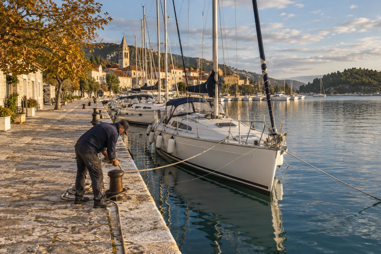 Sailing boats at orderly pontoons in a symbolic Adriatic marina