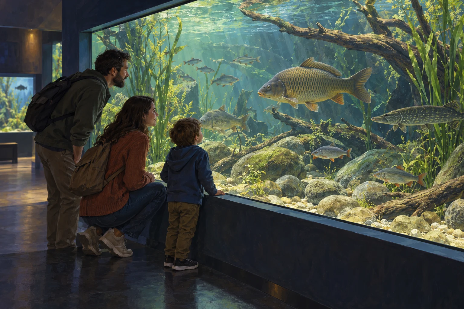 Illustrazione dipinta di una famiglia davanti a un acquario d’acqua dolce con pesci di fiume