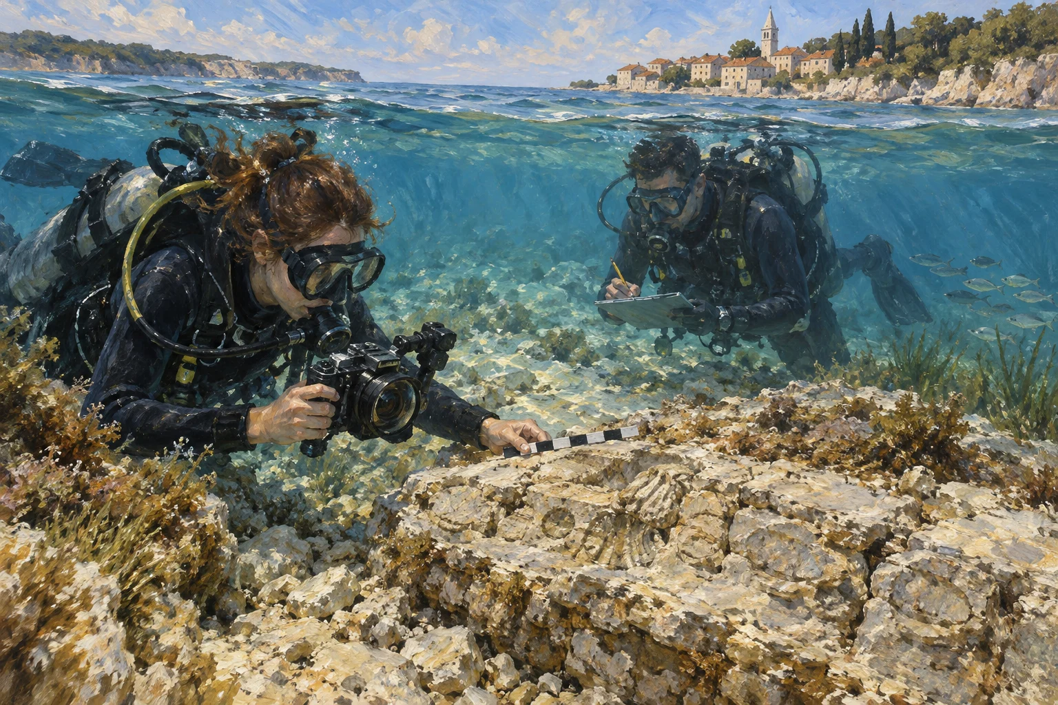Gemalte Symbolszene zweier Forschungstaucher, die eine Kalksteinfläche unter Wasser dokumentieren