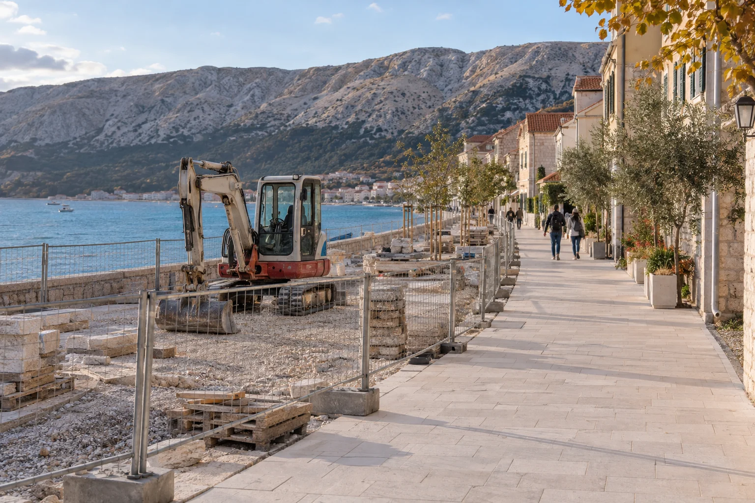 Une promenade adriatique générique est rénovée derrière une barrière tandis qu’un passage piéton reste libre