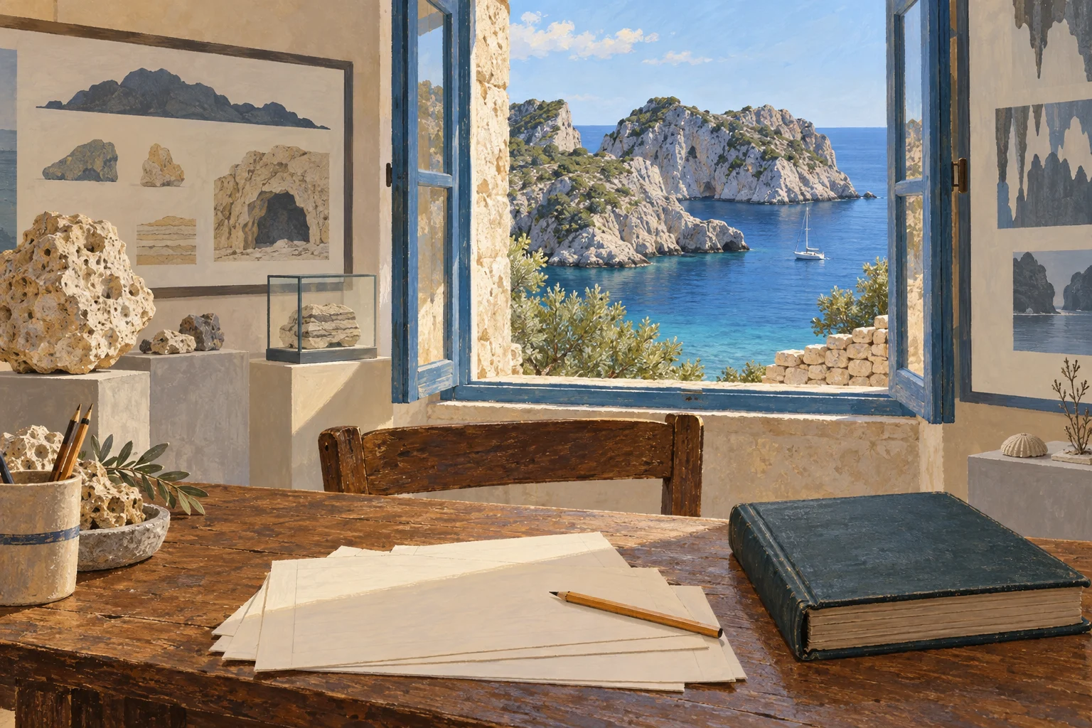 Illustration eines einfachen Ausstellungsraums mit Unterlagen auf einem Tisch und Blick auf eine Adriabucht