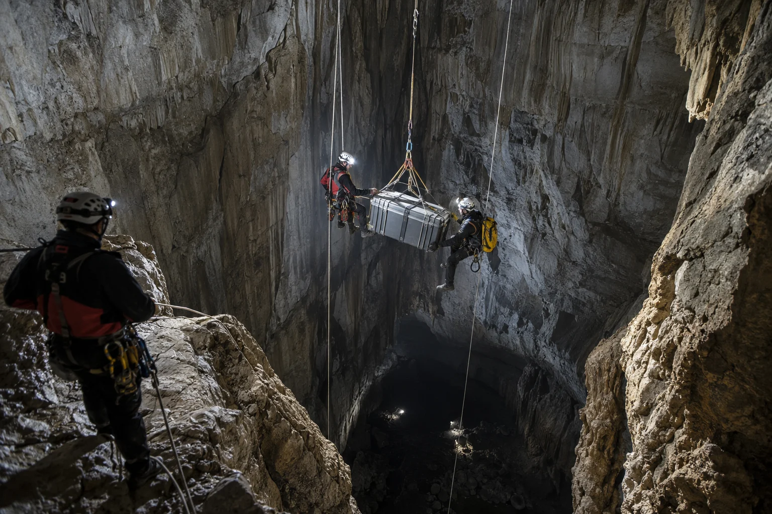 Drei technische Höhlenretter sichern einen Transportbehälter an Seilen in einer tiefen Kalksteinhöhle
