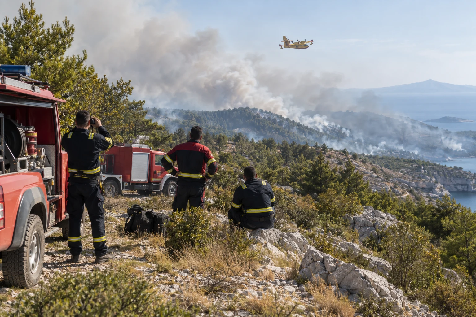 Vatrogasci, interventna vozila i avion za gašenje pred zadimljenim grebenom kao ilustracija požara na Braču