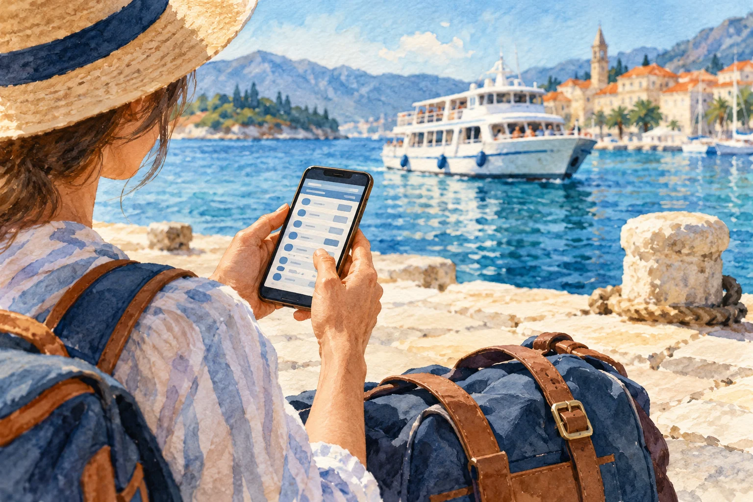Gemalte Symbolszene einer Reisenden, die am Hafen einen Fahrplan auf dem Handy prüft