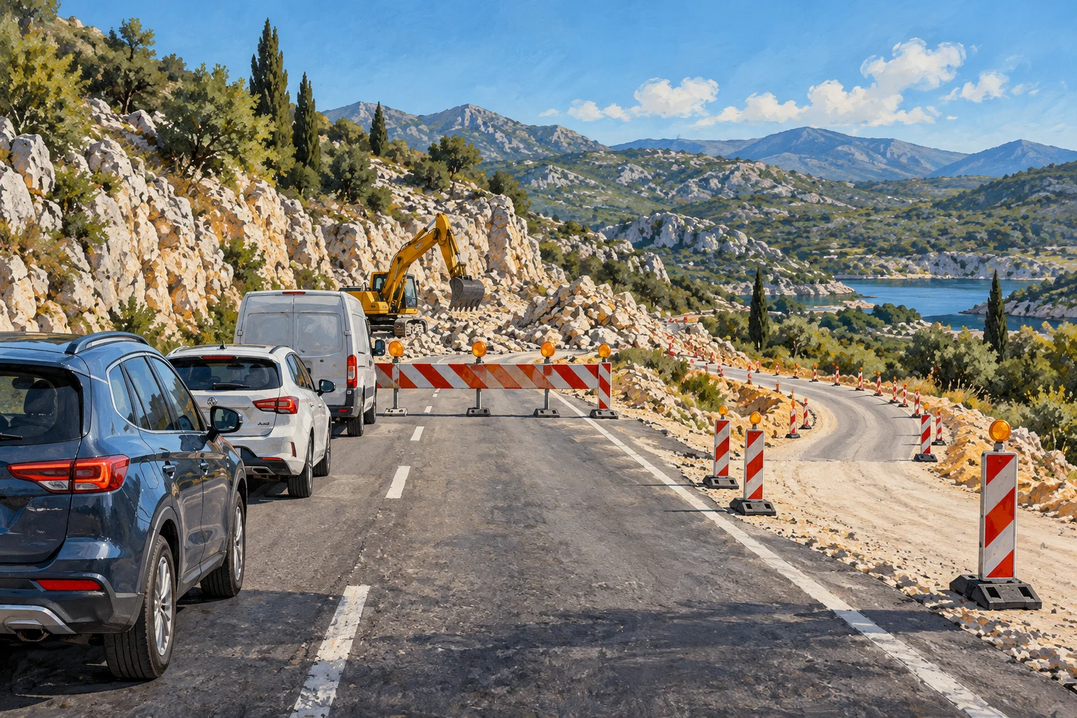 Gemalte Symbolansicht einer abgesperrten Staatsstraße im kroatischen Karst