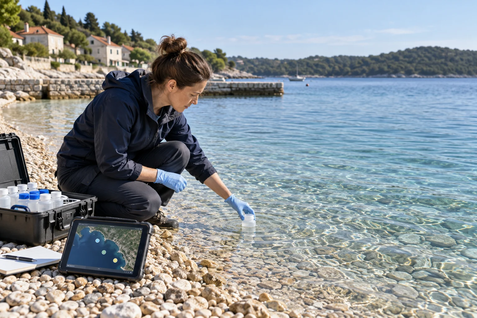 Campionamento dell'acqua su una limpida spiaggia di ciottoli con tre indicatori gialli neutri