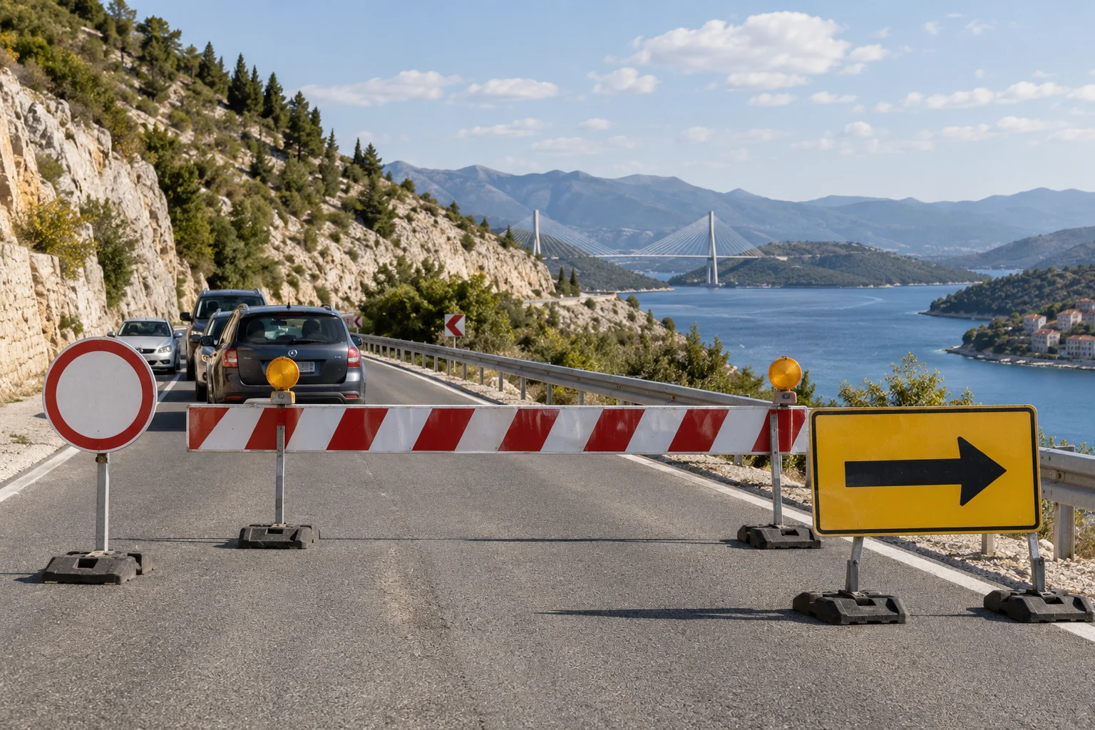 Un barrage routier temporaire sur une route côtière adriatique représentée symboliquement