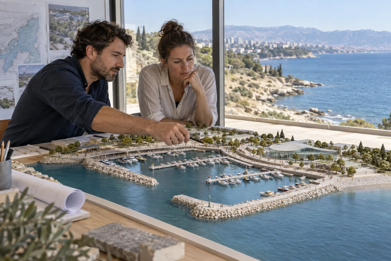 Architekturmodell mit kommunalen Liegeplätzen, Promenade und Aquarium vor einer noch unbebauten Küste