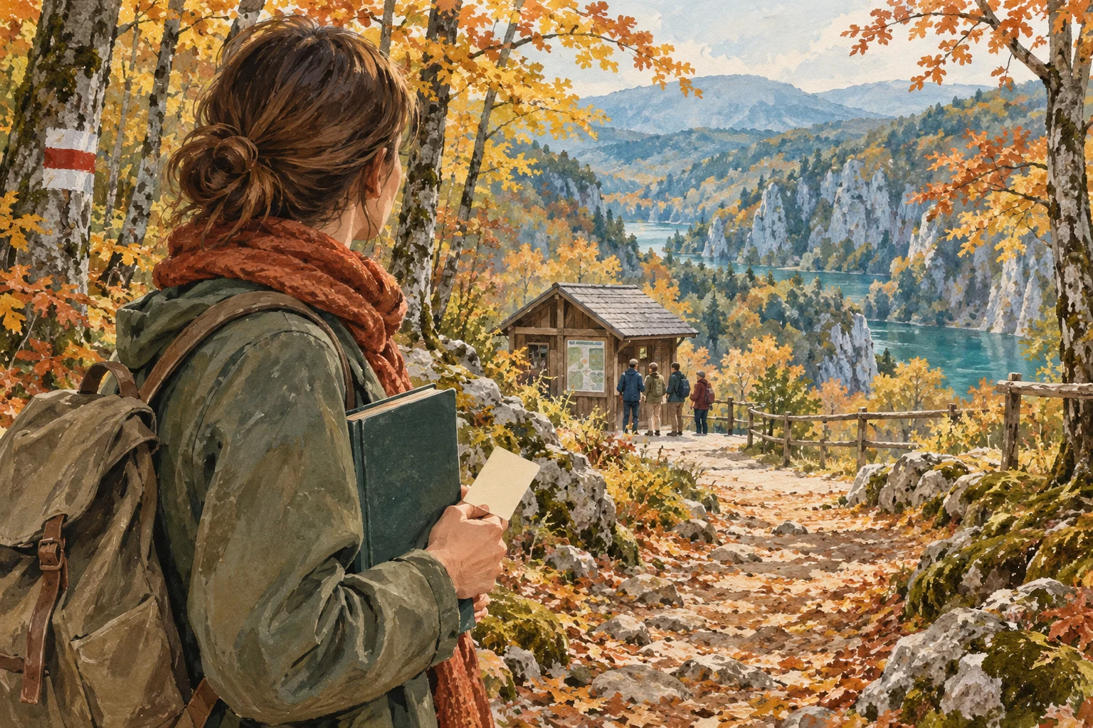 Gemalter Waldweg mit einem Buch und einer neutralen Bibliothekskarte im Vordergrund