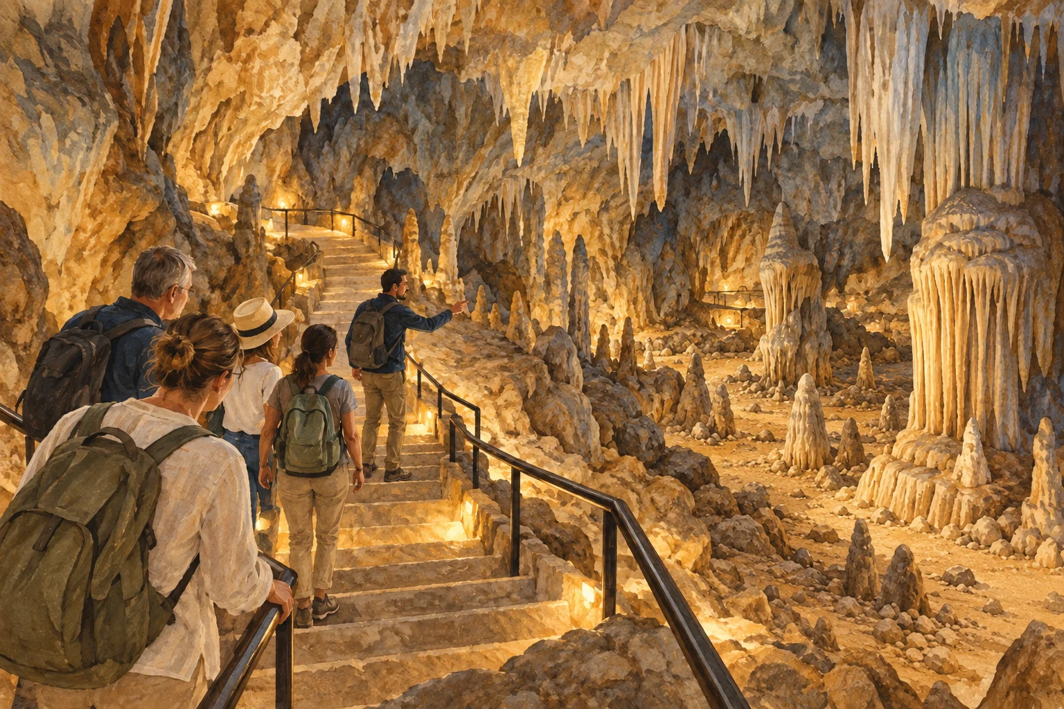 Gemalte Symbolszene einer geführten Besuchergruppe auf einer Treppe mit Geländer in einer Tropfsteinhöhle