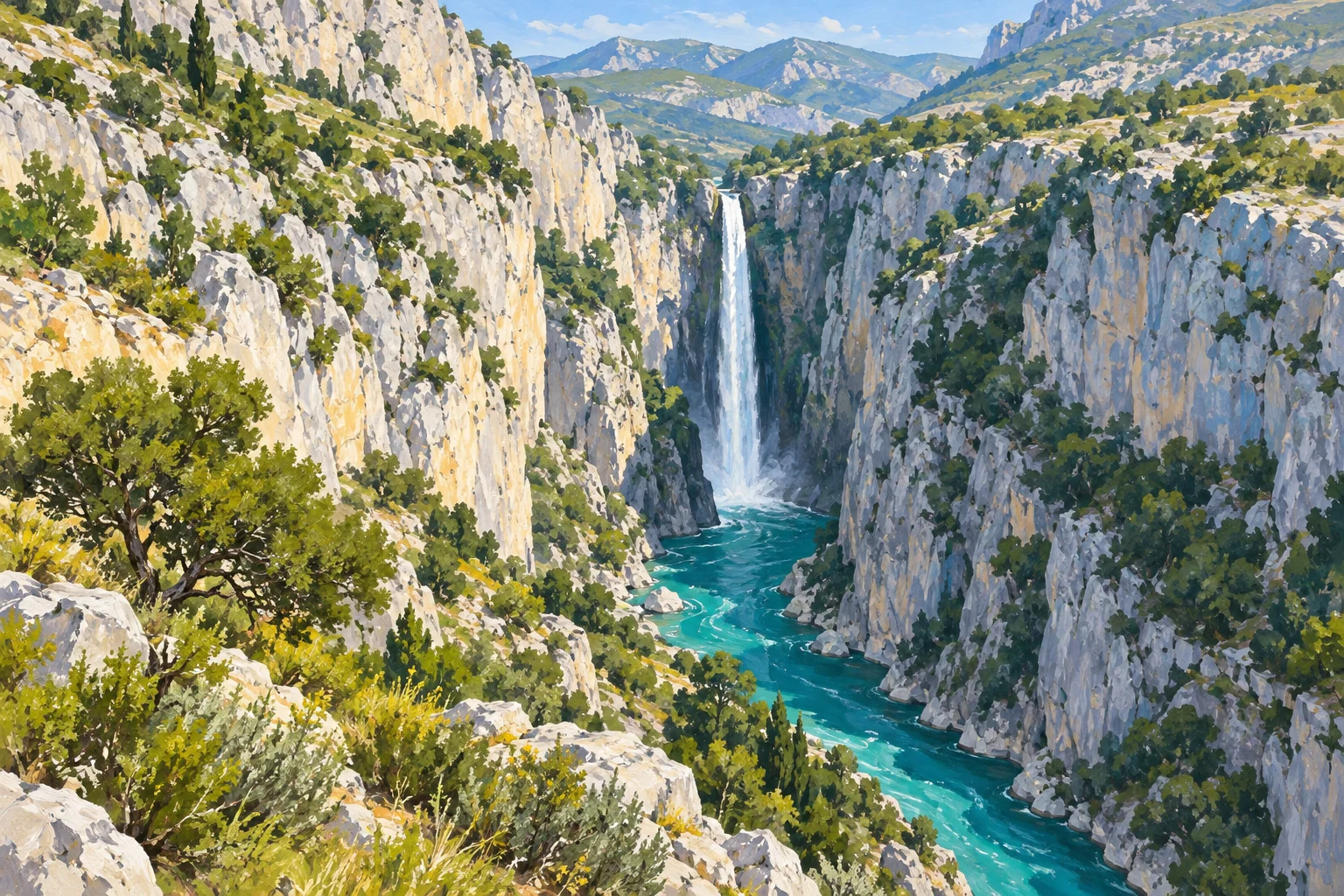 Gemalte Symbolansicht einer hohen Kaskade zwischen hellen Karstwänden und türkisfarbenem Fluss