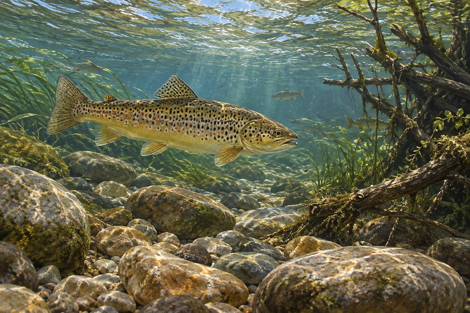 Illustrazione naturalistica di una trota sopra pietre e piante acquatiche in un fiume