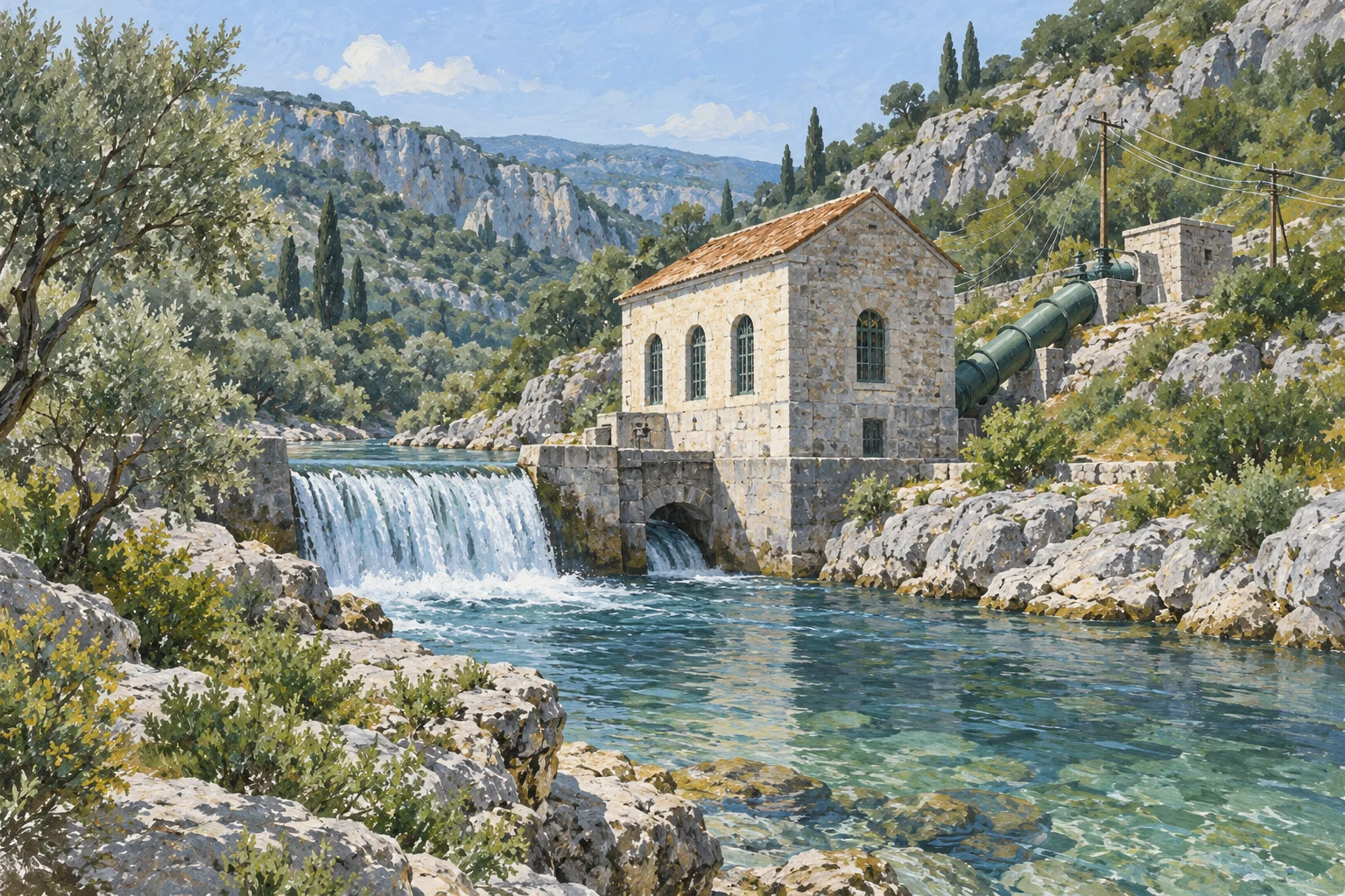 Gemalte Symbolszene eines historischen Wasserkraftgebäudes an einem Fluss in Karstlandschaft