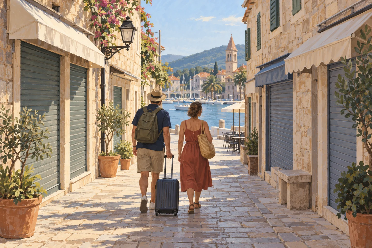 Gemalte Symbolszene von Reisenden in einer ruhigen kroatischen Gasse mit geschlossenen Ladenläden