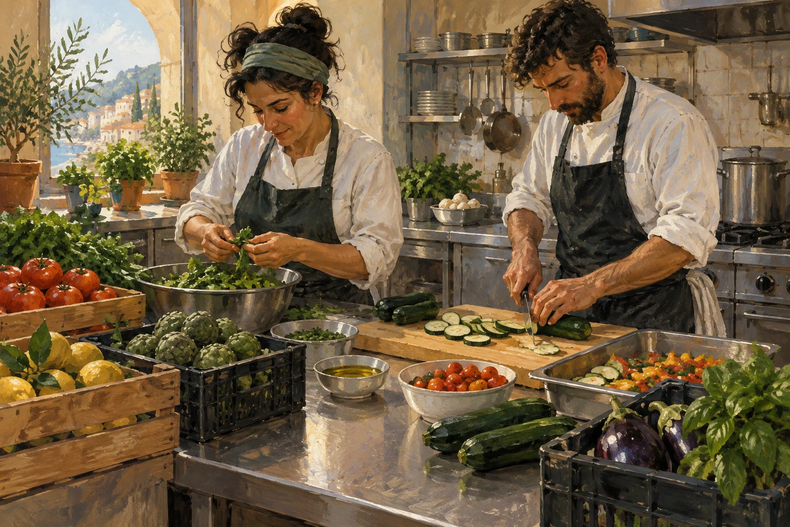 Gemalte Symbolszene von zwei Beschäftigten bei der Vorbereitung frischer Zutaten in einer Restaurantküche