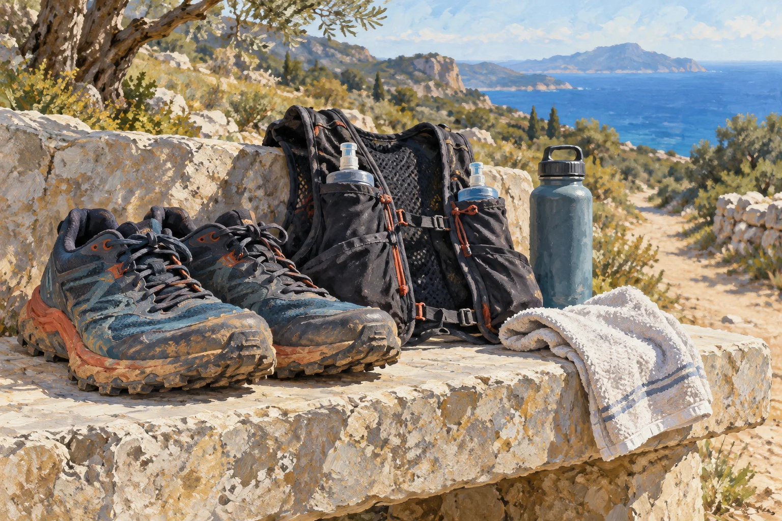 Illustration von Laufschuhen, Wasser und Vorbereitung für einen Hindernislauf