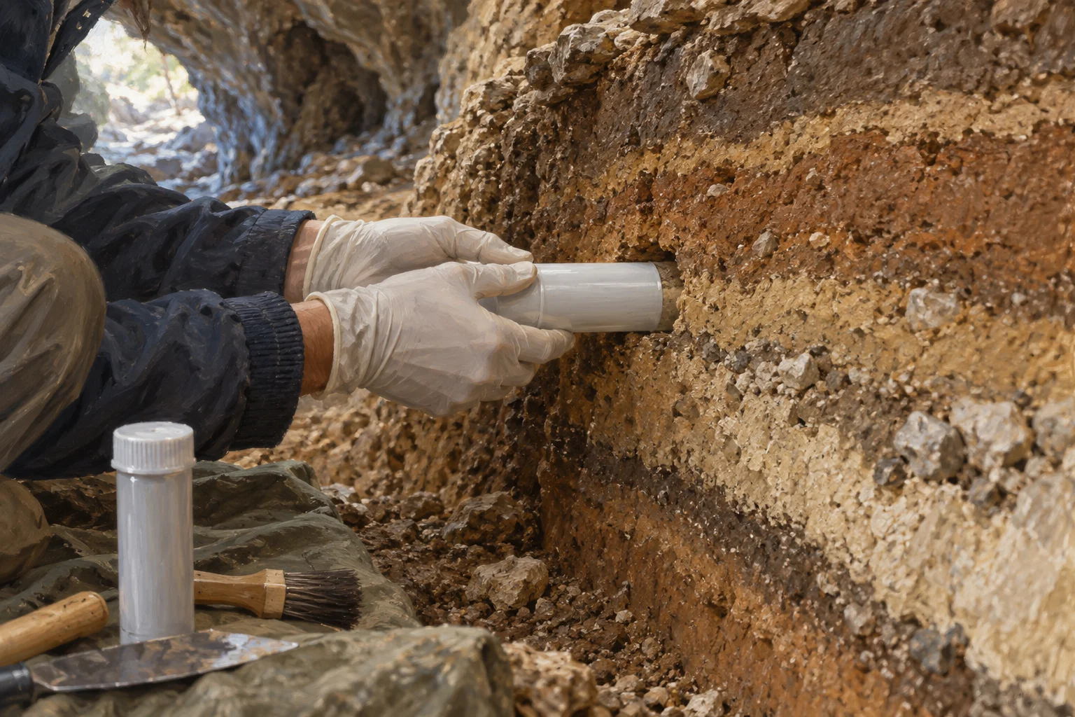 Gemalte Symbolszene einer lichtgeschützten Sedimentprobenahme an einem Erdprofil