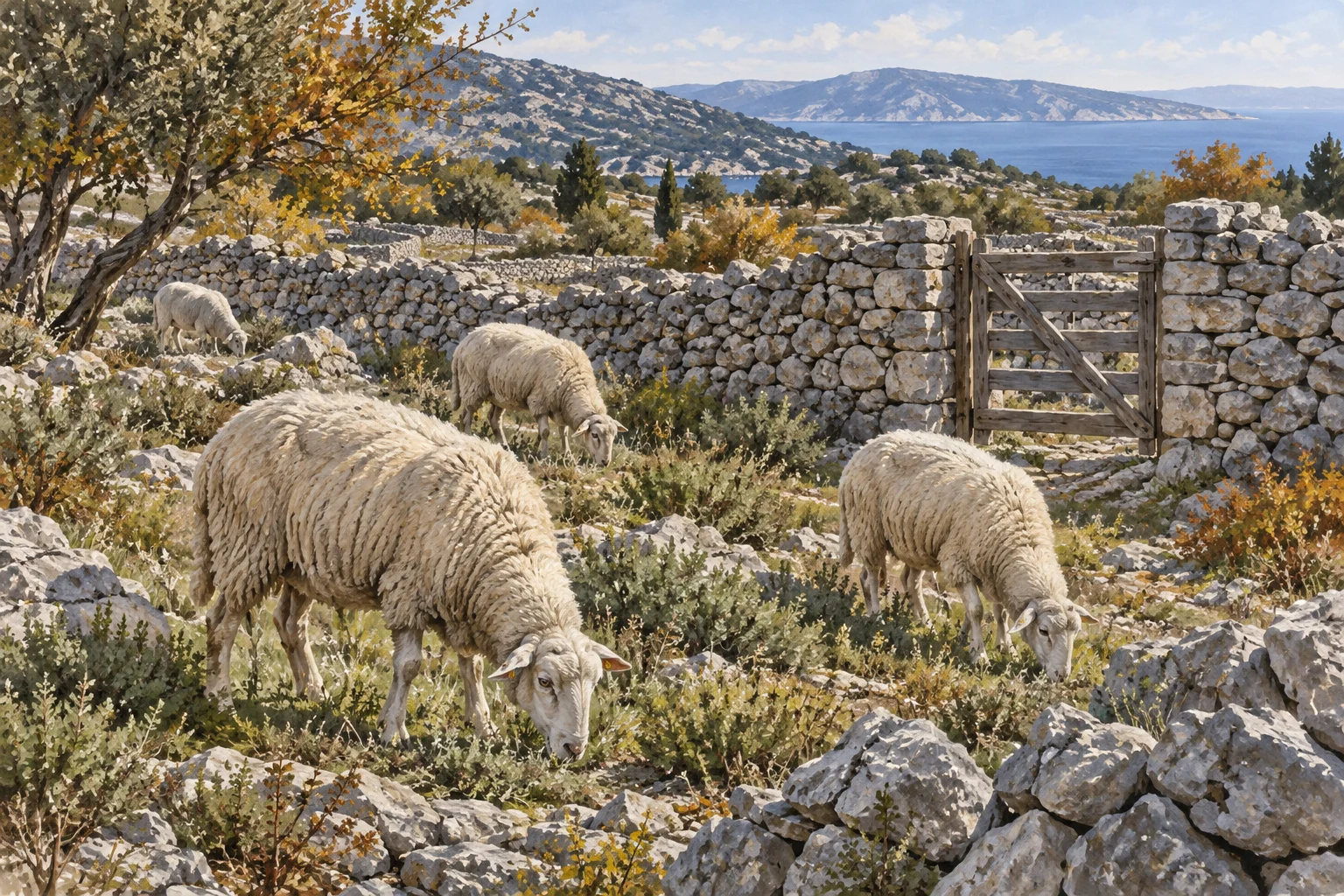 Gemalte Illustration von Schafen auf einer Trockenmauerweide der Adriainseln