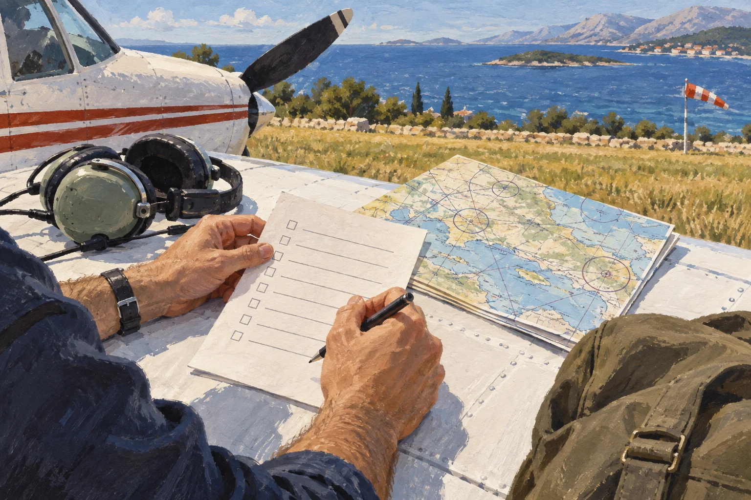 Ilustracija pilotkinje ili pilota pri pripremi prilaza otoku