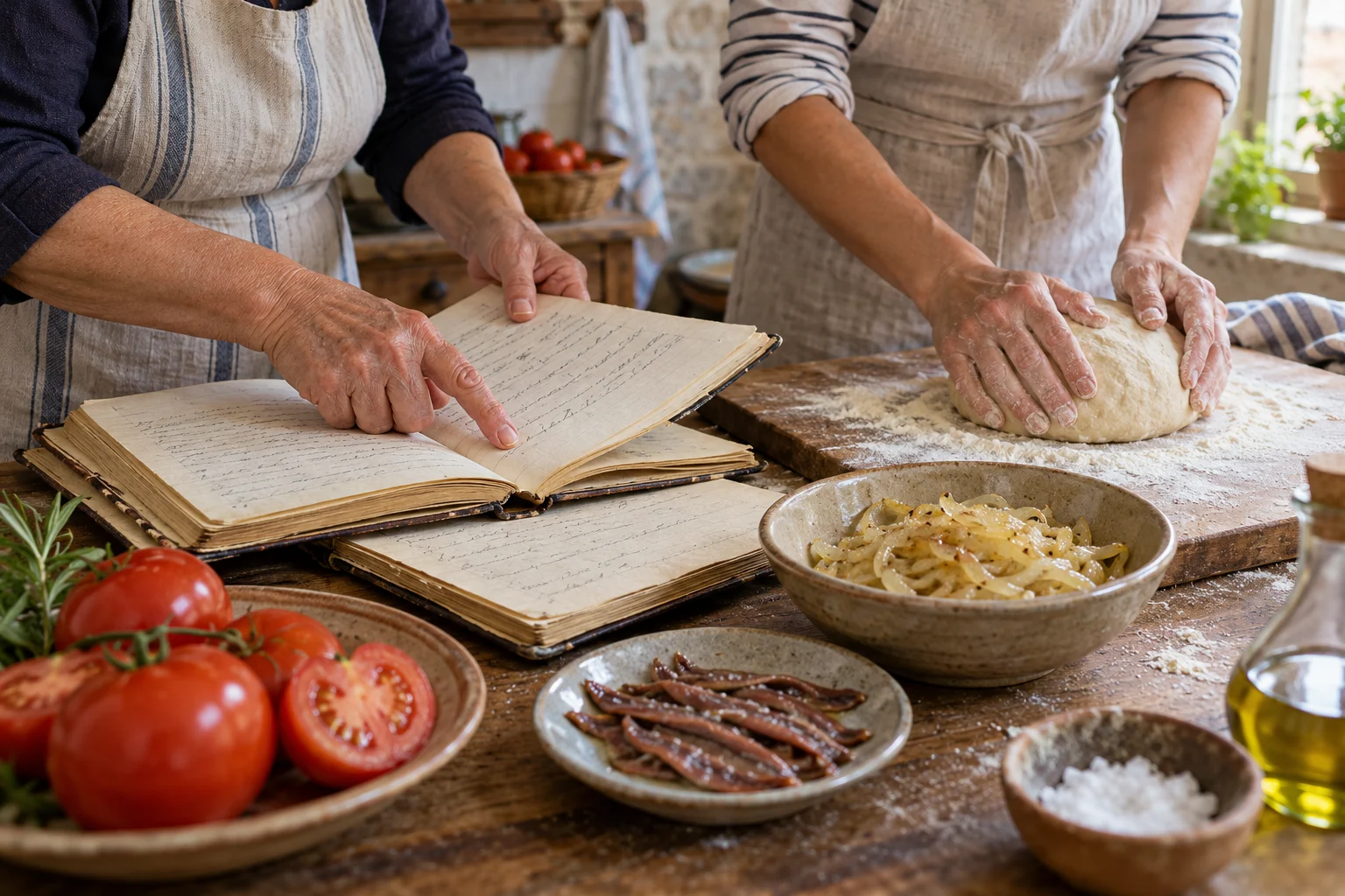 Hände vergleichen Rezeptnotizen und bearbeiten Brotteig in einer Küche