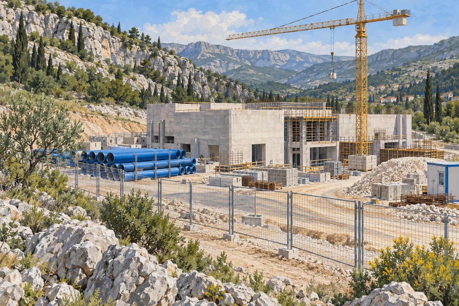 Gemalte Symbolszene einer Baustelle für eine Trinkwasseranlage in einer mediterranen Karstlandschaft