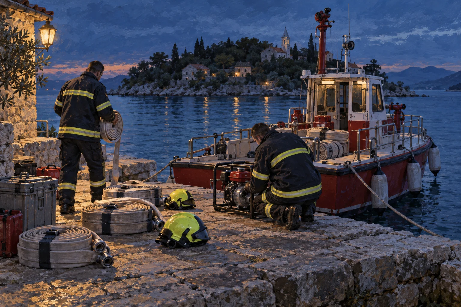 Gemalte Symbolszene von Feuerwehrkräften und bereitgelegter Ausrüstung an einem Inselkai in der Dämmerung