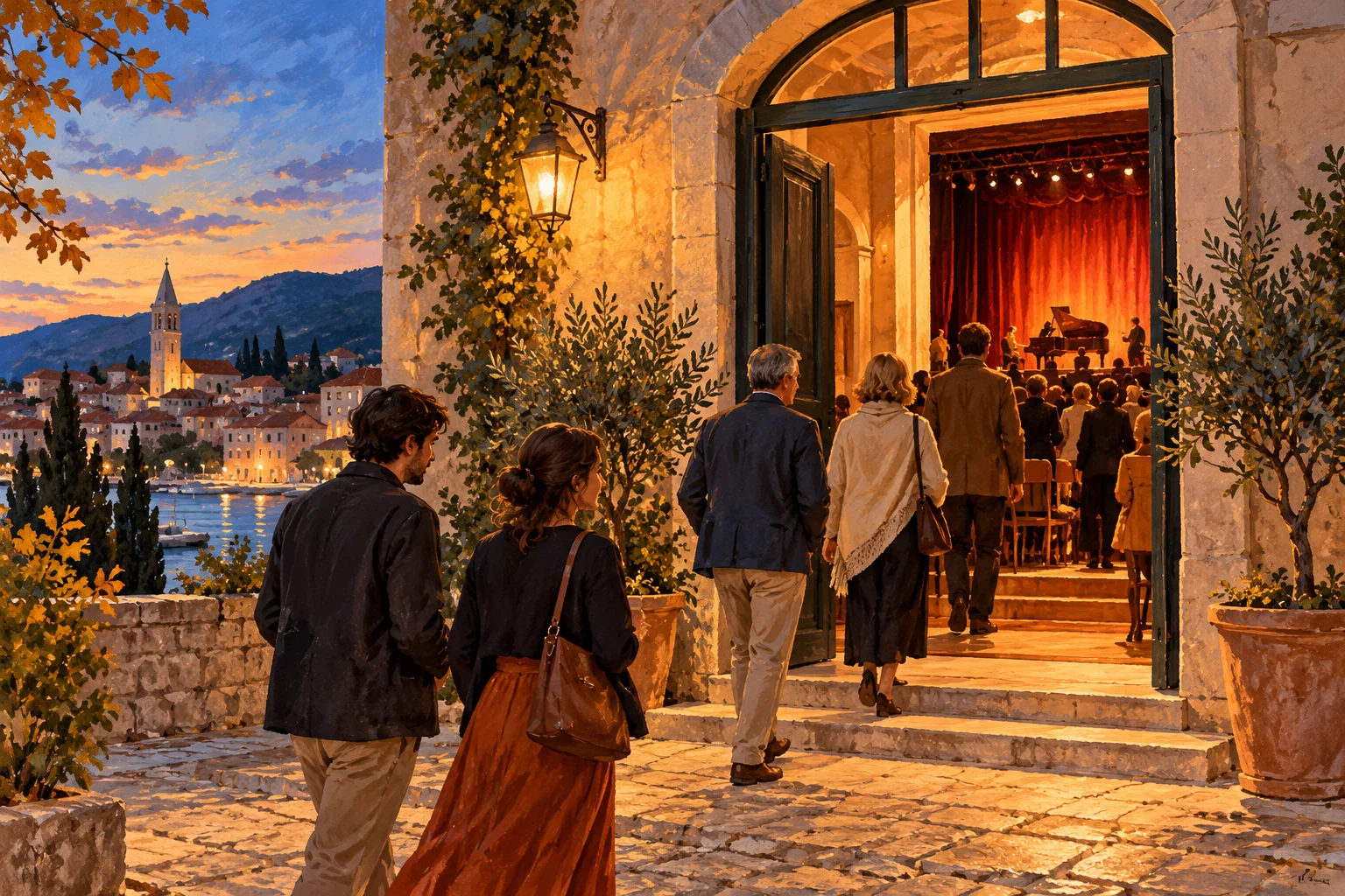 Gemalte Symbolszene eines herbstlichen Theaterabends an der kroatischen Küste