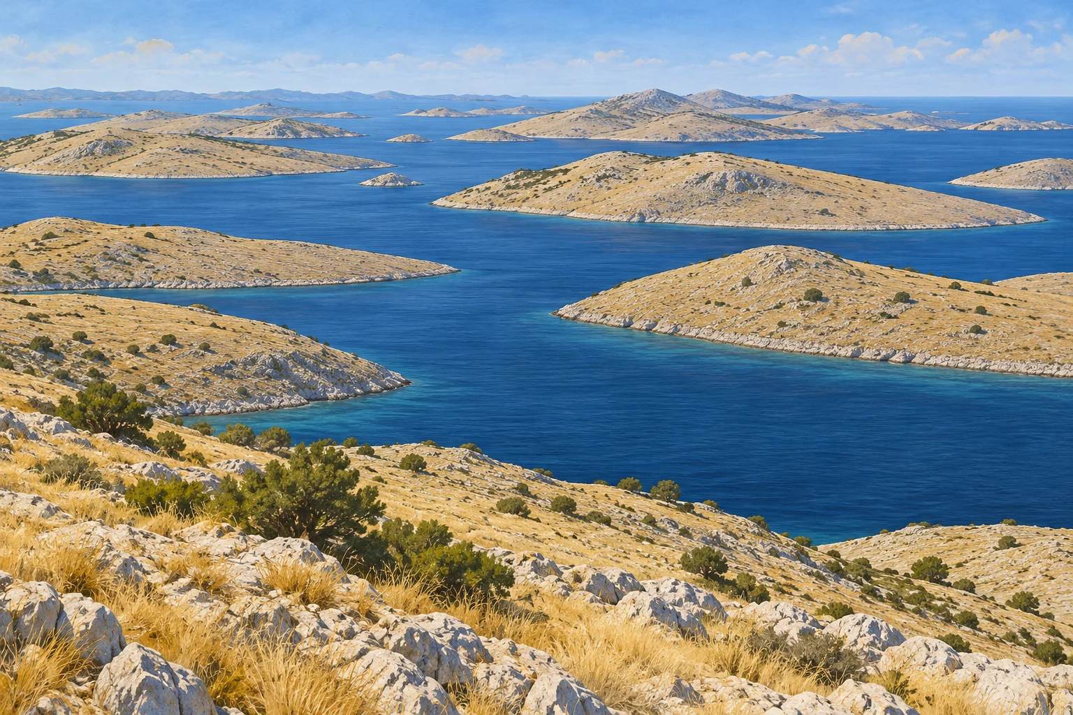Illustration der trockenen Kalksteininseln und blauen Meeresarme des Kornati-Archipels