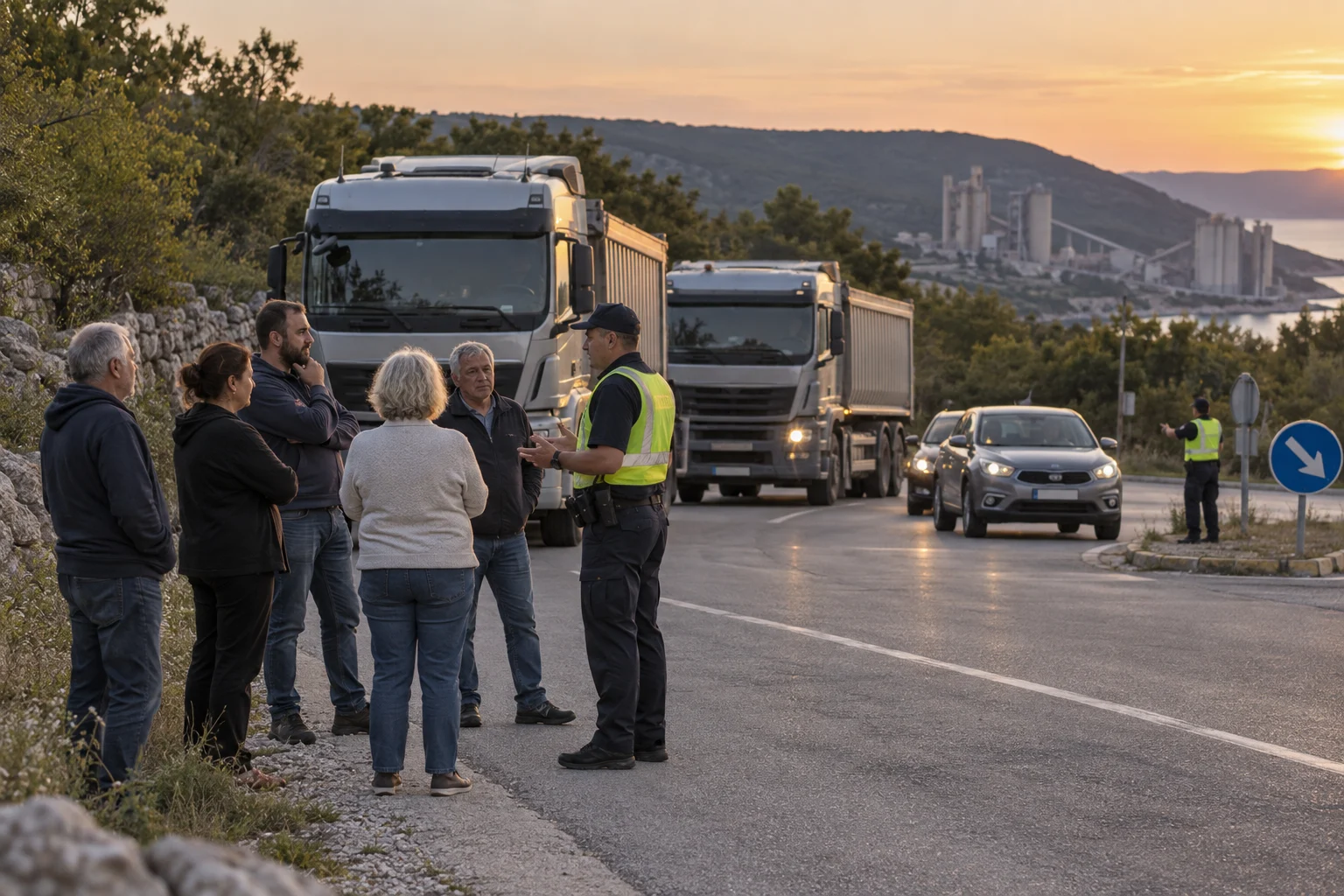 Békés lakossági tiltakozás egy teherautó-útvonalon, távoli cementgyárral