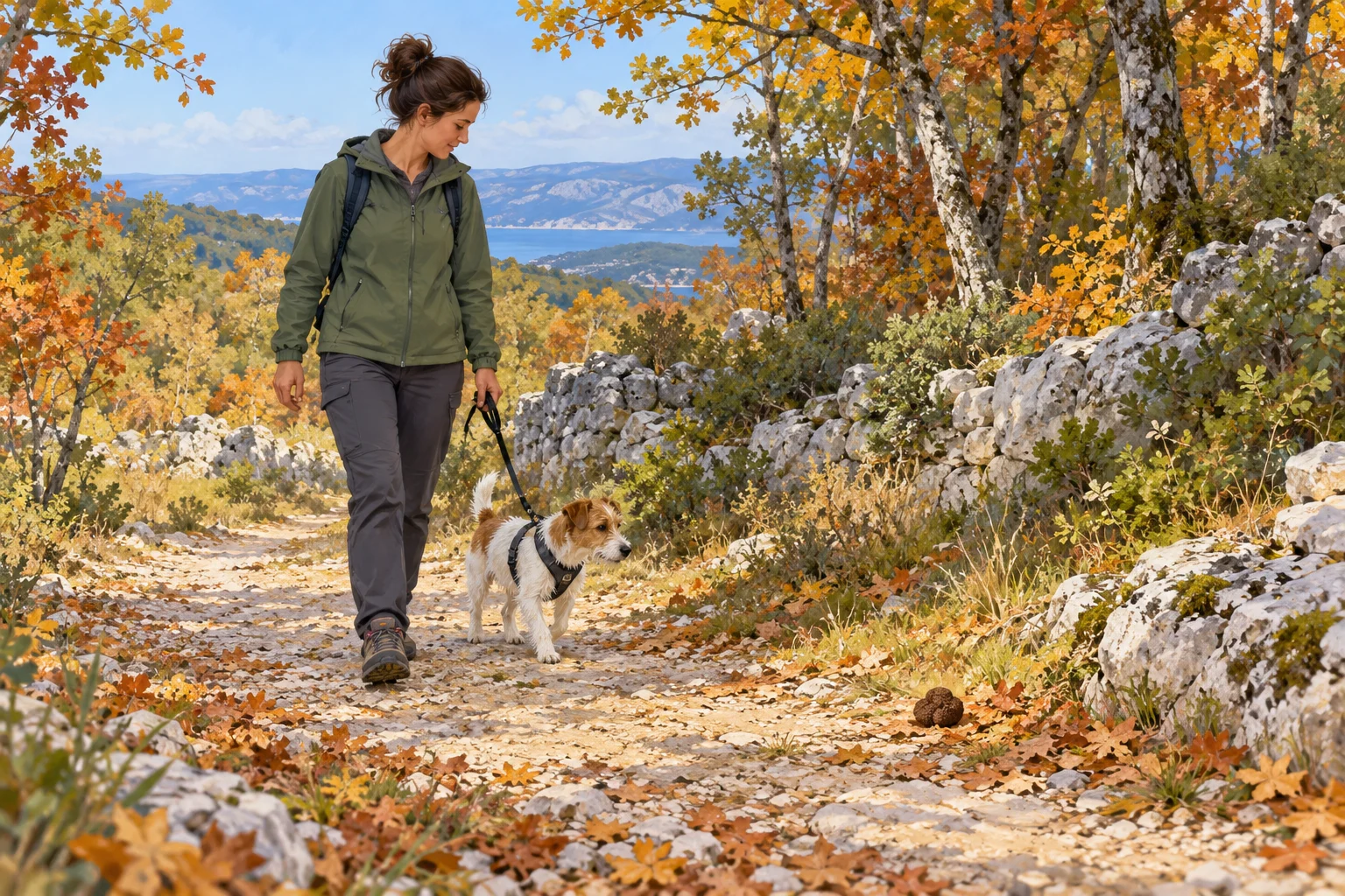 Eine Spaziergängerin führt ihren Hund an kurzer Leine auf einem herbstlichen Weg