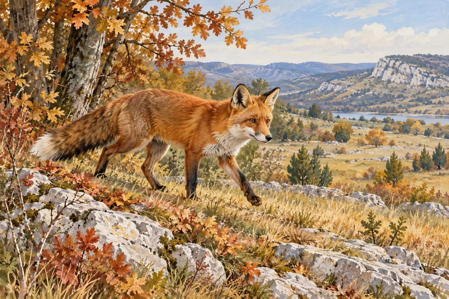 Ein Rotfuchs bewegt sich durch eine herbstliche kroatische Karstlandschaft