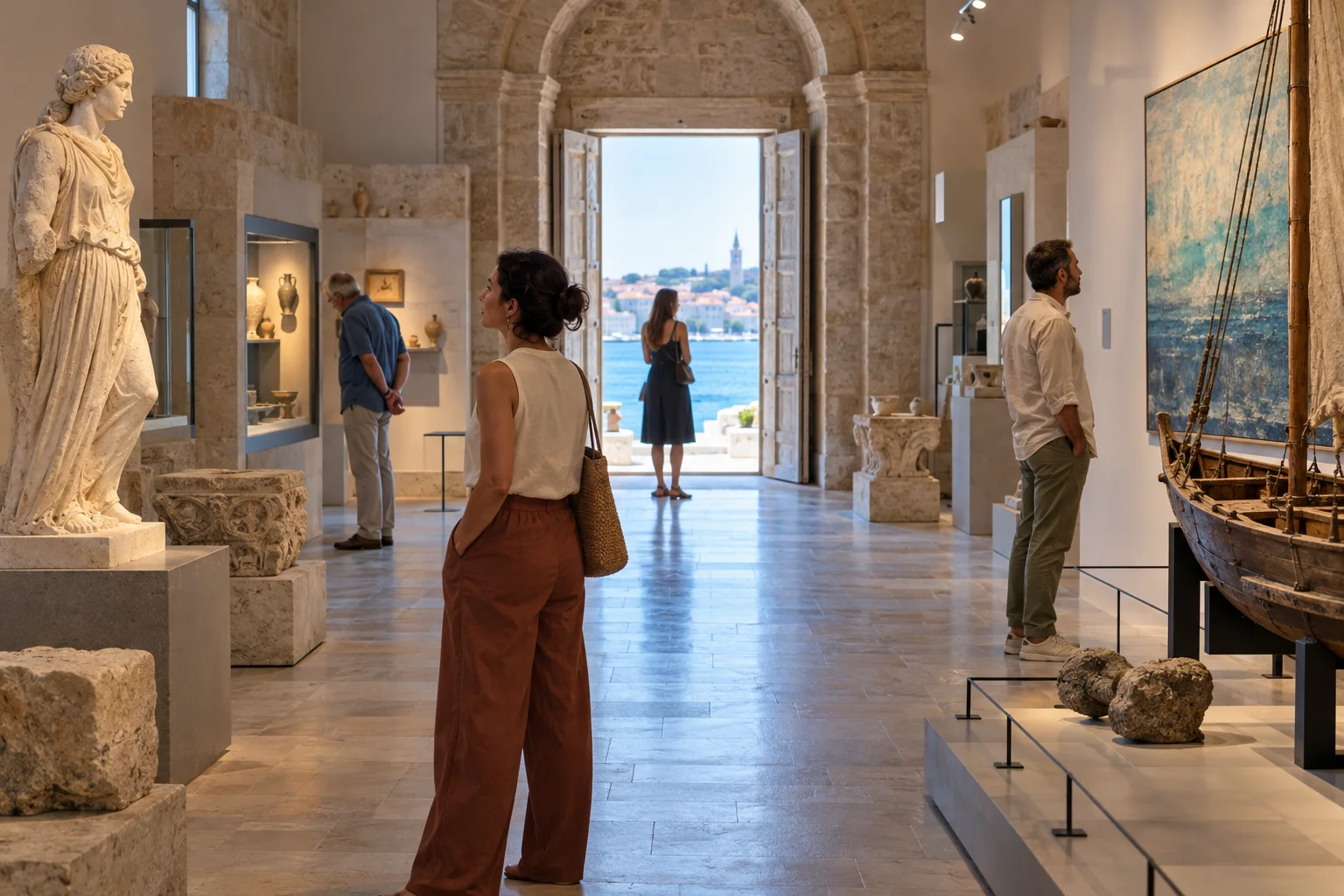 Eine kleine Besuchergruppe erkundet Ausstellungen in einem warmen steinernen Museum nahe der Adria