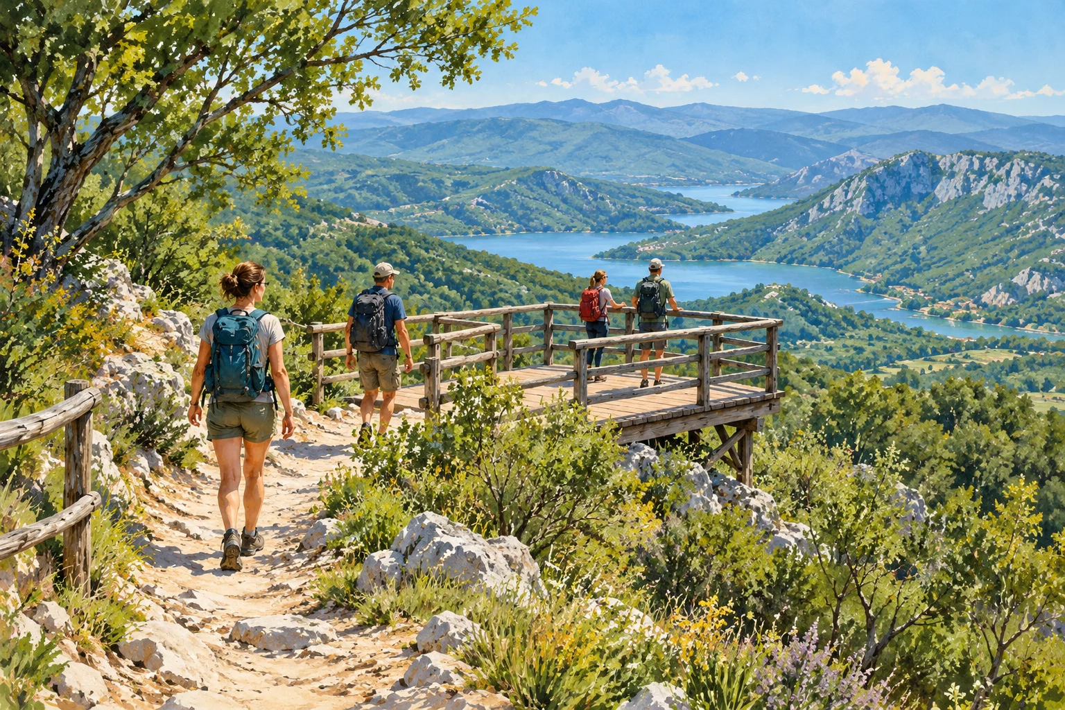 Gemalte Symbolansicht eines Aussichtspunkts an einem Wanderweg; kein bewilligtes Projekt