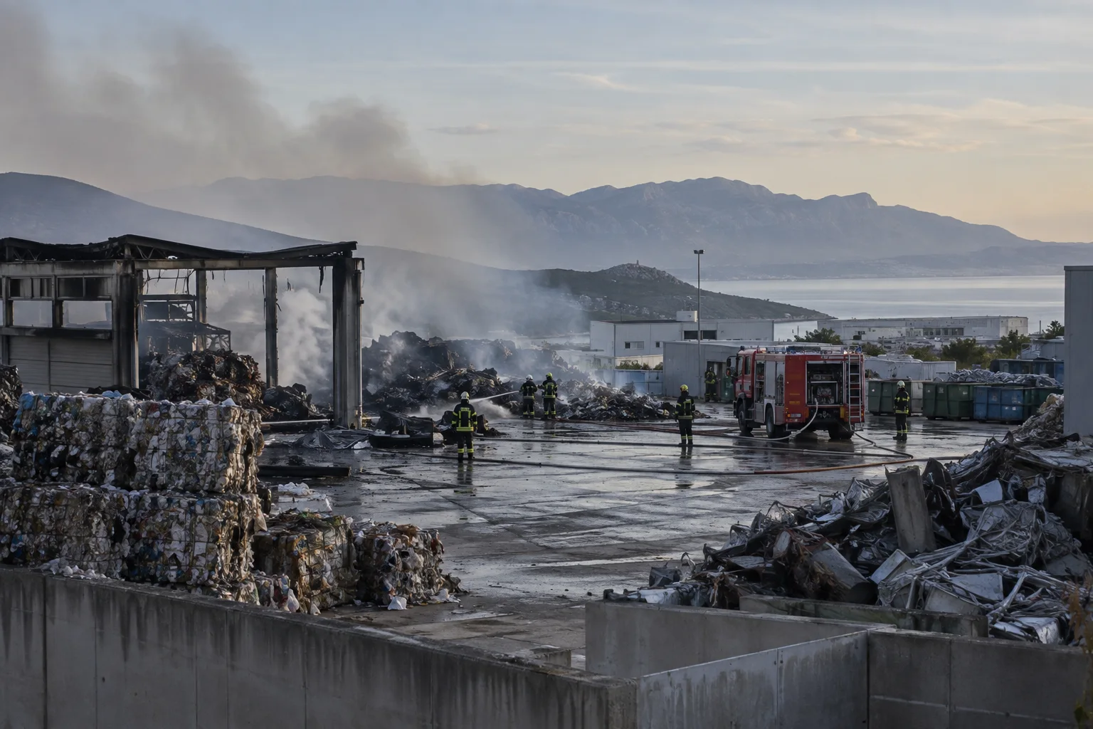 Rauch zieht am Morgen über eine Industriezone am Kvarner, während Feuerwehrkräfte Nachlöscharbeiten ausführen