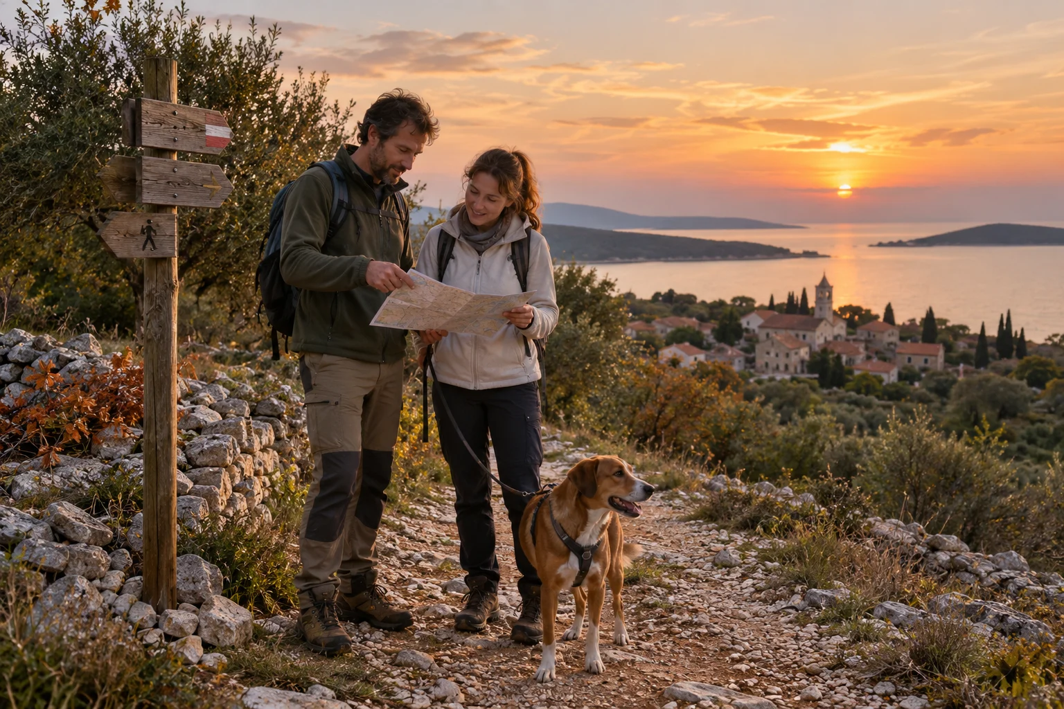 Walkers with a dog on a lead check a route map at dusk on the edge of a Mediterranean settlement