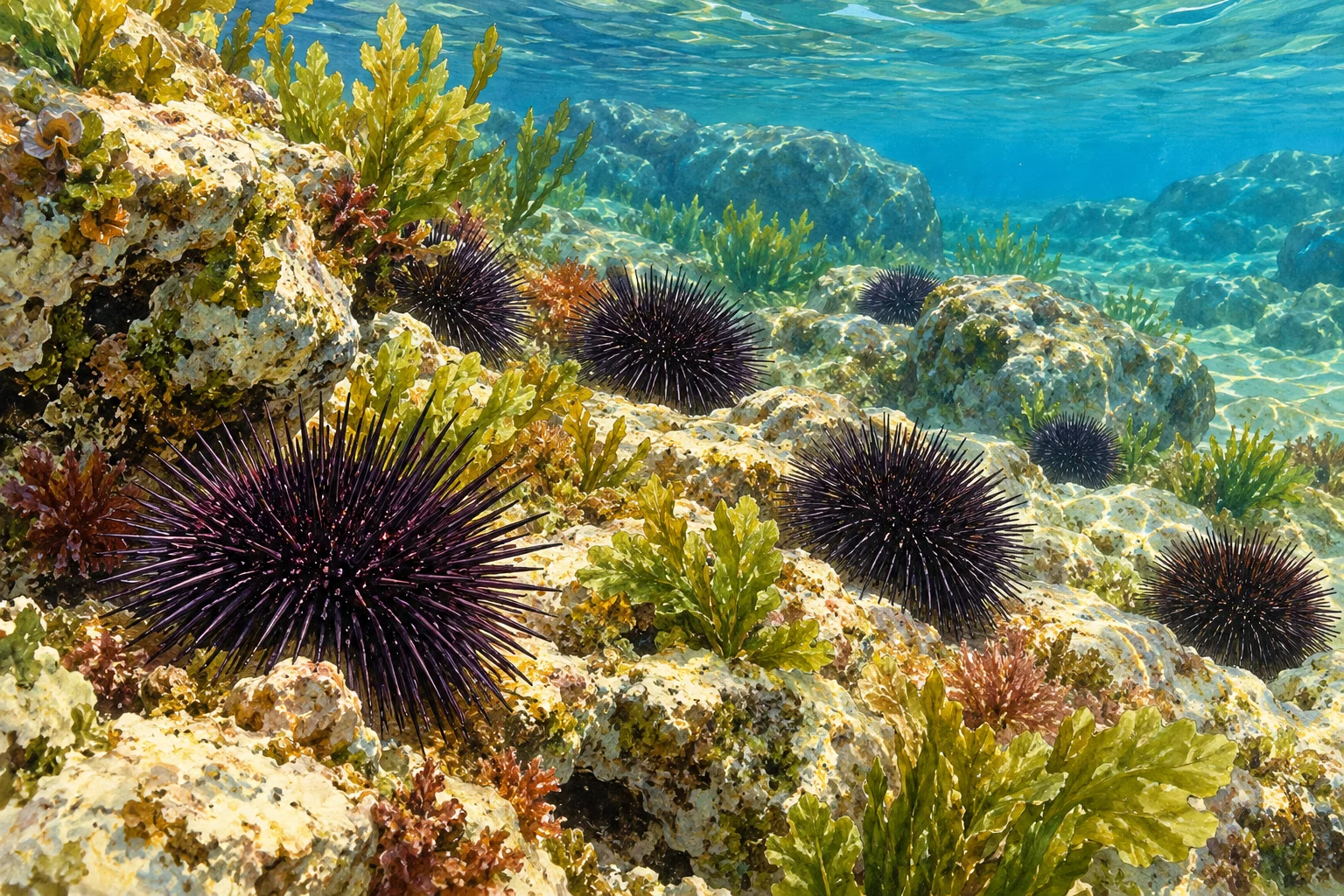 Gemalte Symbolansicht von Seeigeln zwischen Felsen und Algen im Meer