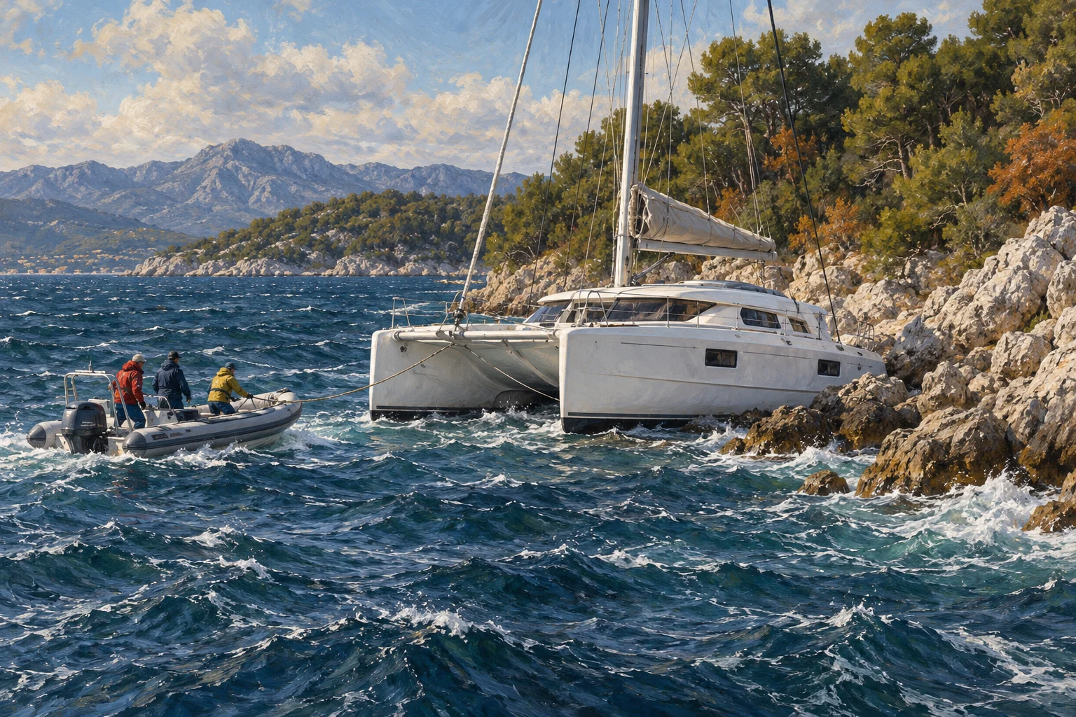 Gemalte Symbolszene eines Segelkatamarans nahe einer felsigen Inselküste mit einem helfenden Boot