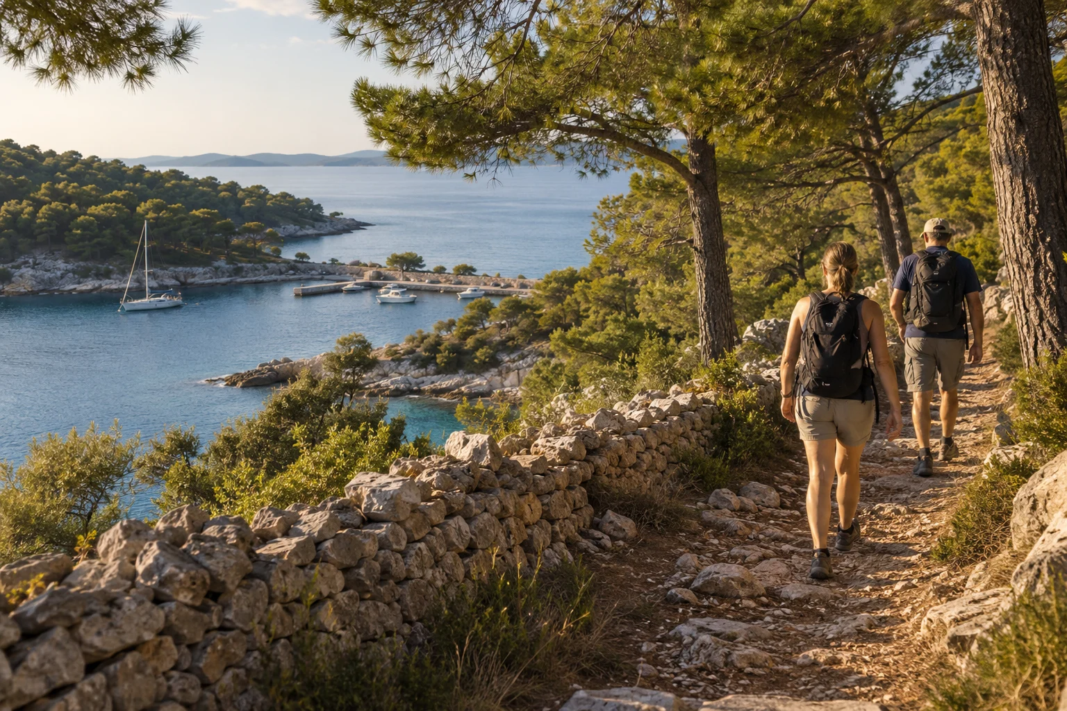 A Mediterranean coastal path between pines and a dry-stone wall