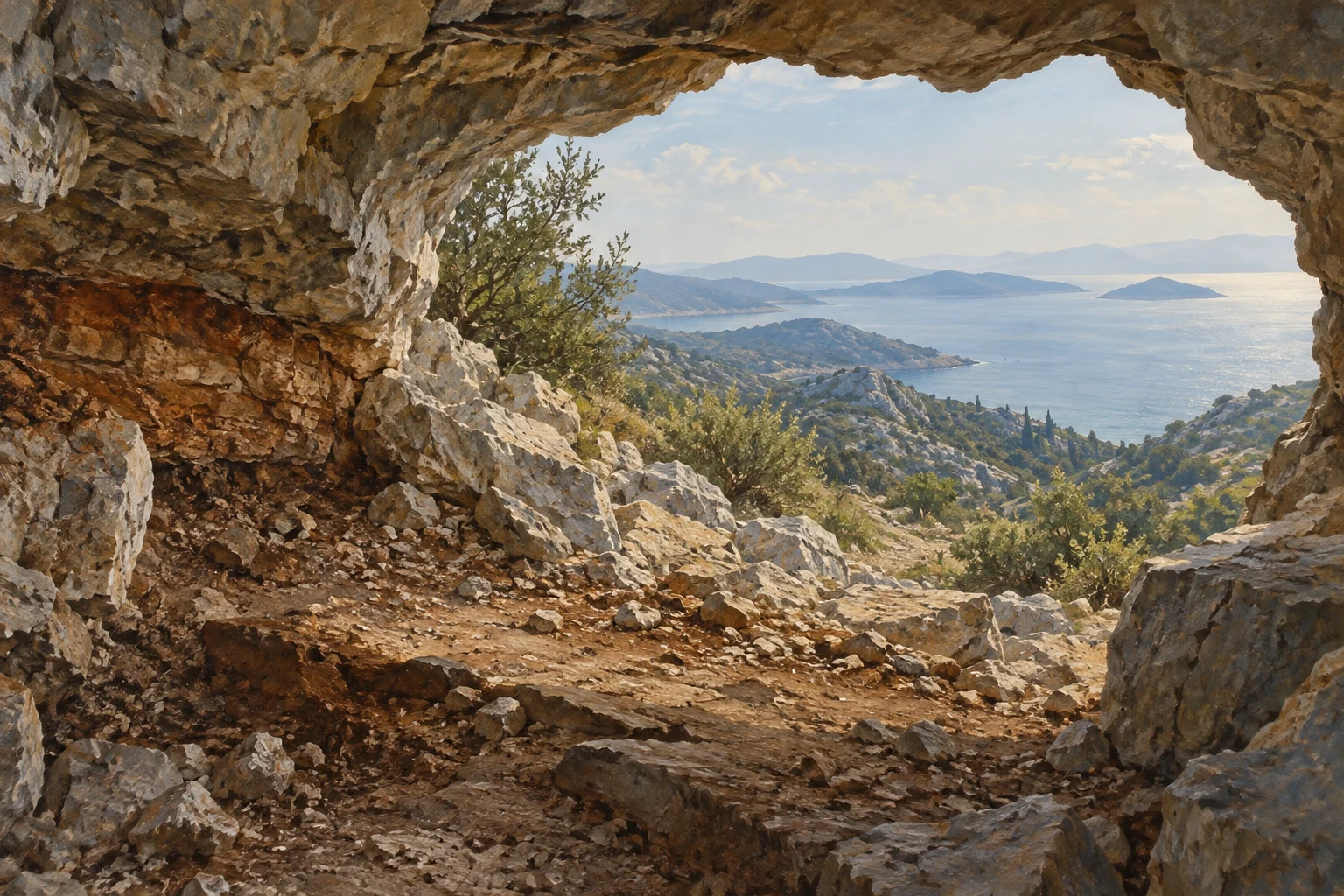 Gemalte Symbolszene eines Kalksteinhöhleneingangs in einer mediterranen Karstlandschaft