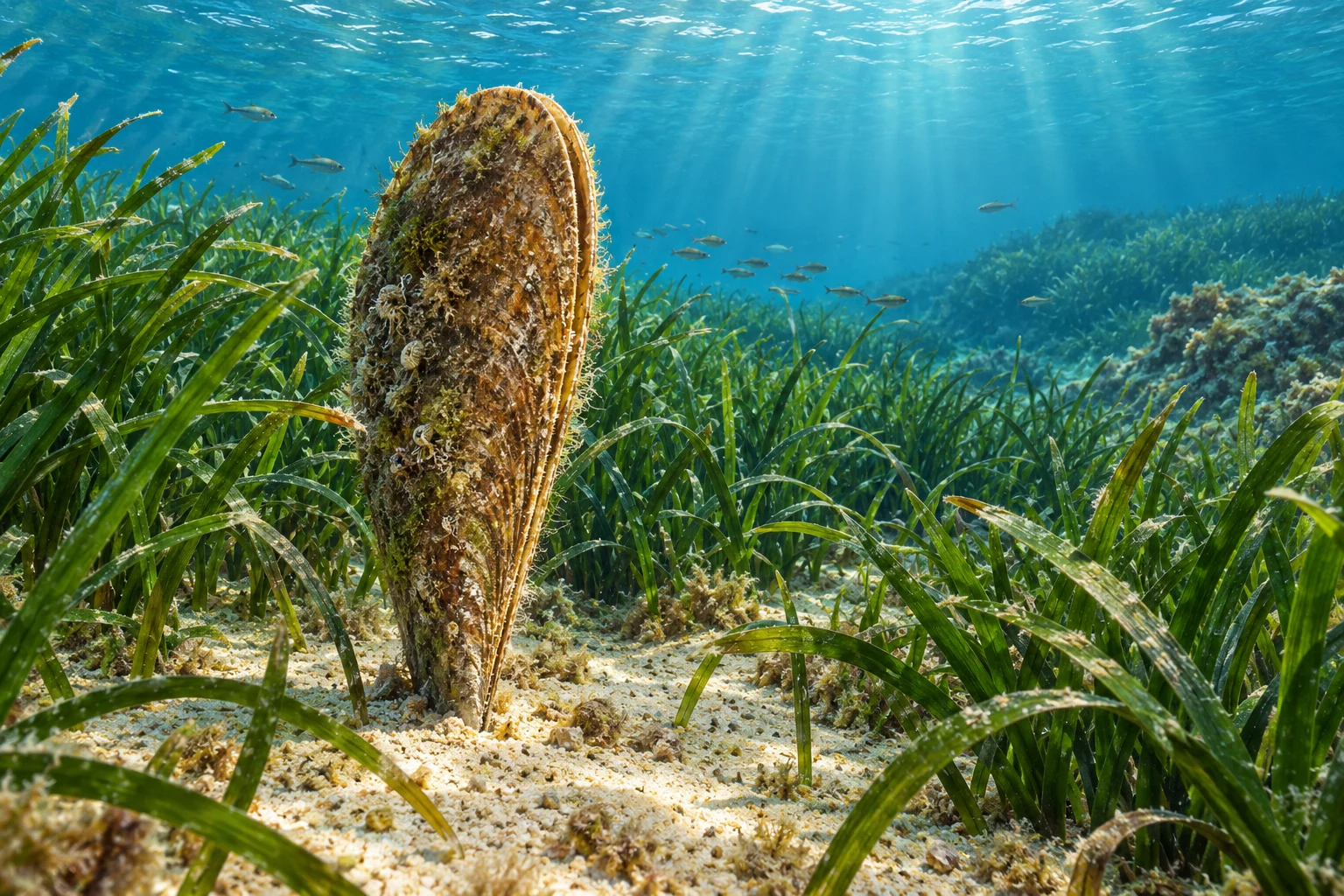 Symbolische Naturillustration einer aufrecht im Seegras stehenden Edlen Steckmuschel