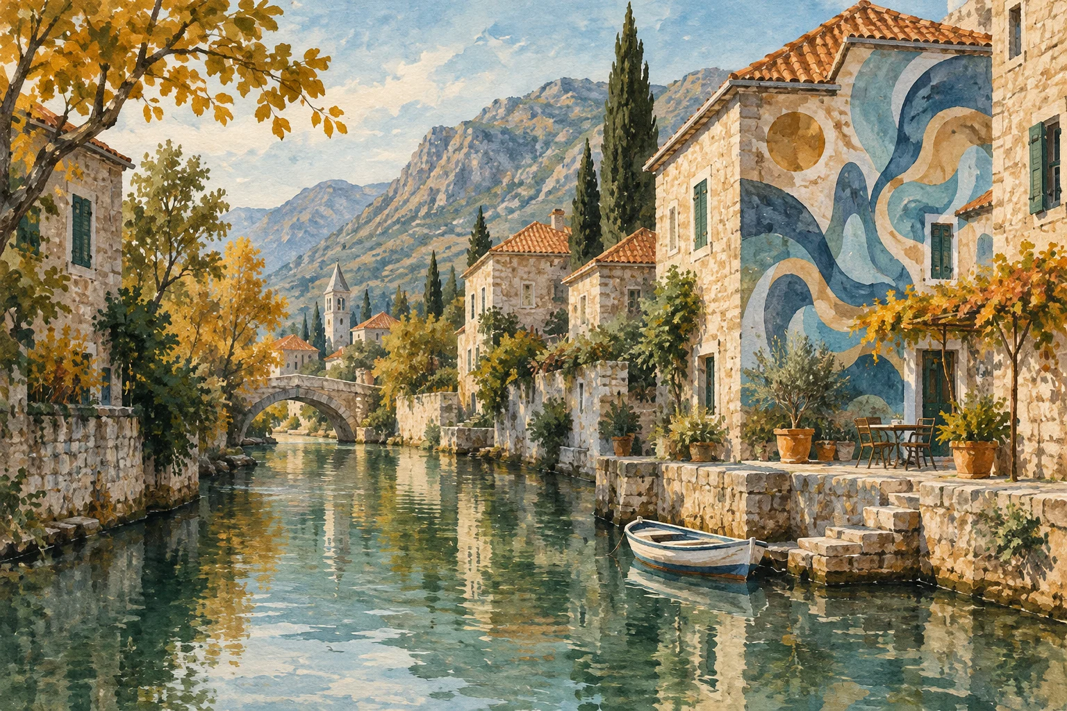 Gemalte Symbolszene einer dalmatinischen Flussstadt mit einem erfundenen abstrakten Wandbild