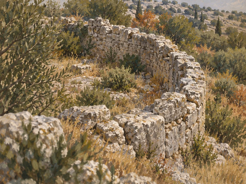 Gemalte Symbolszene einer gebogenen alten Kalksteinmauer in mediterranem Buschland