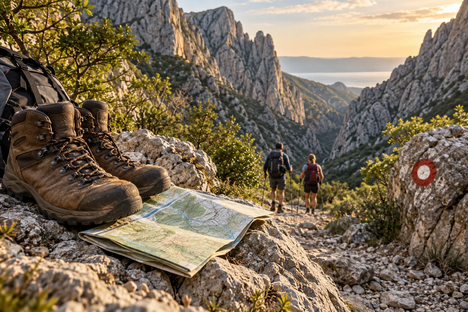 Wanderschuhe und eine gefaltete Karte liegen neben einem felsigen Weg durch einen mediterranen Canyon