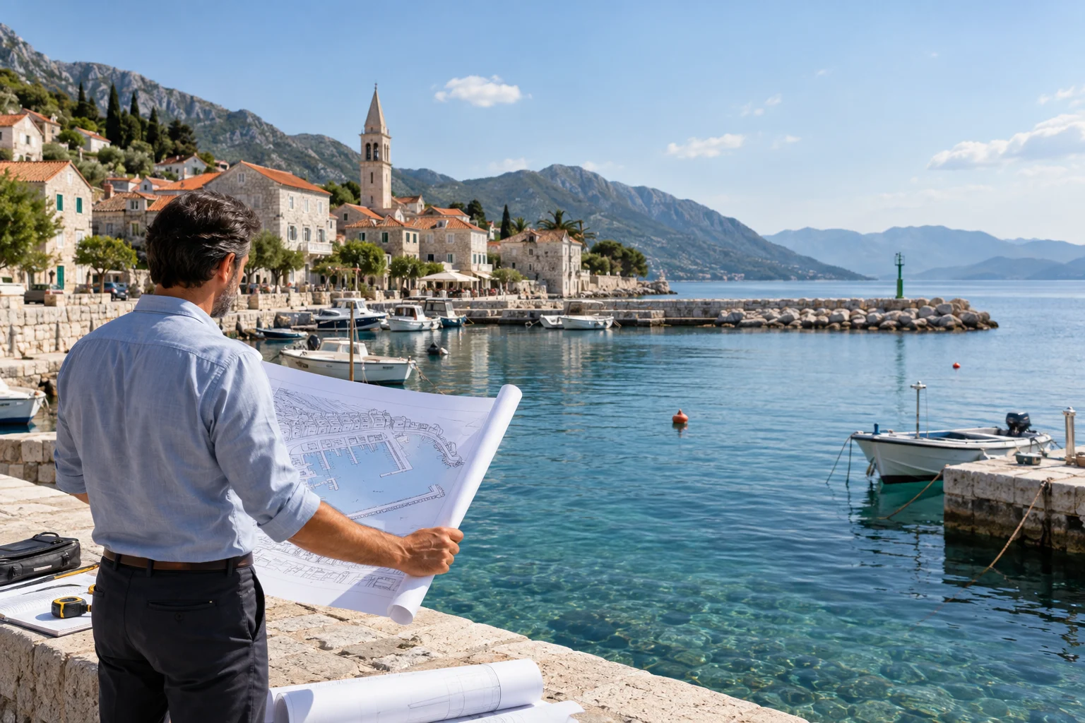 Ein Planer mit Hafenentwurf an einem bestehenden kleinen Hafen an der kroatischen Adriaküste