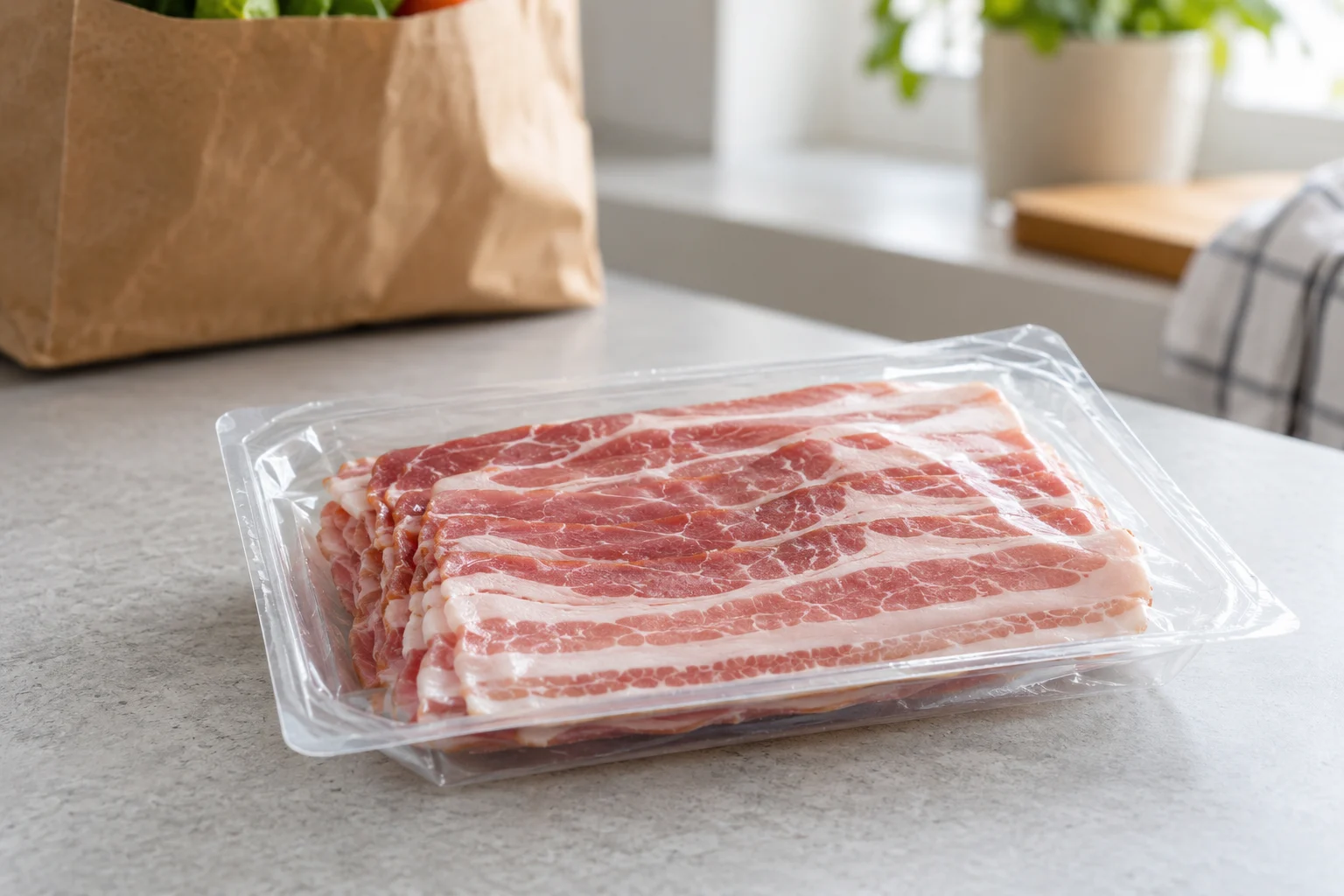 Eine neutrale verschlossene Packung mit dünnen Scheiben gepökelten Schweinebauchs auf einer Küchentheke