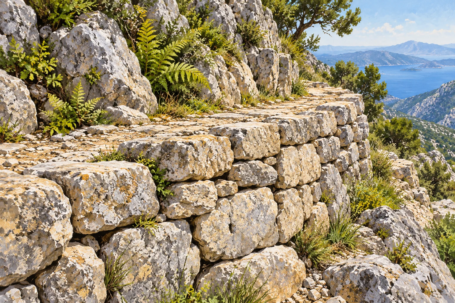 Gemalte Symbolansicht einer Trockenmauer als Stütze eines Bergwegs